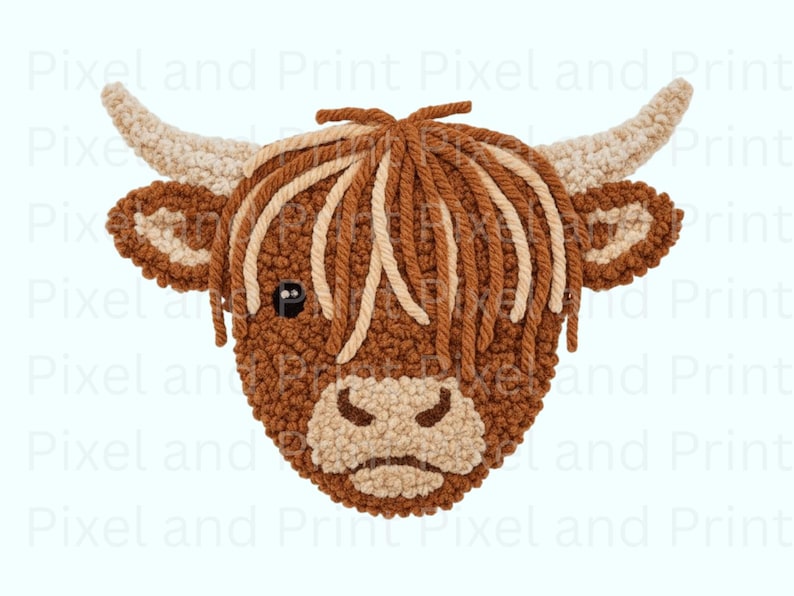 May include: A handcrafted, textured artwork depicting the head of a Highland cow. The piece features a brown and beige color palette, with detailed yarn work creating the cow's fur, horns, and distinctive fringe. The artwork is a charming, rustic piece.