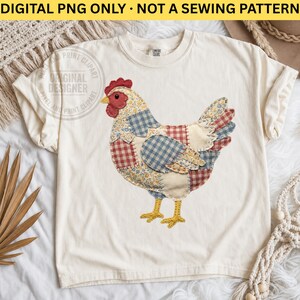 Image PNG de poulet patchwork, motif de poule rétro florale pour sublimation, illustration pour t-shirt style ferme, téléchargement numérique PNG d'animal de la ferme vintage