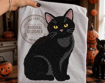PNG de gato preto, estampa texturizada para camiseta com gancho de lã, download digital para sublimação de Halloween aconchegante, transferência DTF POD de animal de estimação assustador
