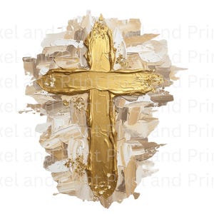 Hand-painted textured gold cross surrounded by abstract brush marks on transparent background.