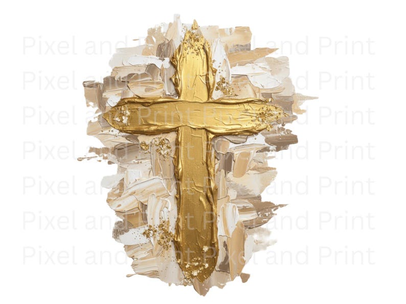 Hand-painted textured gold cross surrounded by abstract brush marks on transparent background.