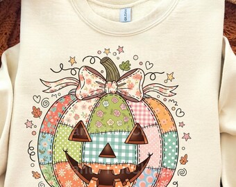 Patchwork Pumpkin PNG, Cottagecore Halloween Design (Digital Download)