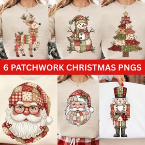 Könnte beinhalten: Eine Sammlung von sechs PNG-Bildern zum Thema Weihnachten. Die Bilder zeigen ein Rentier, einen Schneemann, einen Weihnachtsbaum, den Weihnachtsmann und einen Nussknacker. Jedes Design hat ein Patchworkmuster in Rot, Grün und Beige. Der Text "6 PATCHWORK CHRISTMAS PNGS" wird angezeigt.