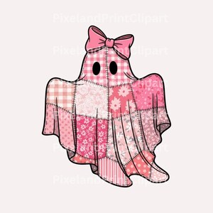 May include: A whimsical ghost illustration with a patchwork design in shades of pink. The ghost has black oval eyes and a pink bow on its head. The patchwork includes floral, gingham, and striped patterns.