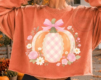 Coquette Pumpkin Clipart PNG, Pink Bow Fall Sublimation Design, Cute Halloween T-Shirt Graphic, Retro Pastel Pumpkin PNG Digital Download