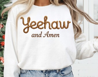 Yeehaw & Amen corde texte PNG, conception de chemise de cow-girl western, country rodéo typographie PNG, ranch corde lettres, graphique chrétien rustique
