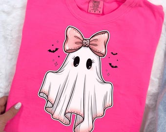 Coquette Bow Ghost PNG, Spooky Cute Girly Ghost Sublimation, Ruffle Hem Halloween Shirt Design