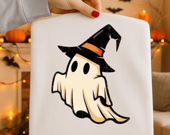 Retro Halloween Ghost PNG, Witch Hat Clipart, Spooky Sublimation Design (Digital Download)
