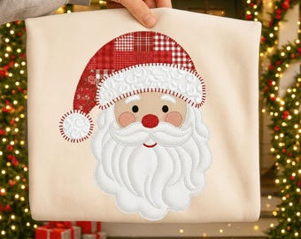 Faux Embroidery Quilted Santa PNG, Christmas Applique Clipart (Digital Download)