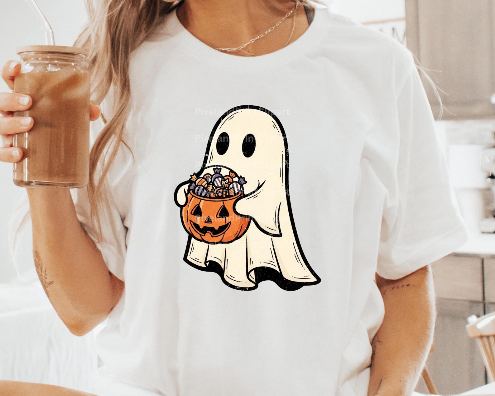 Retro Ghost With Candy Bucket PNG, Cute Trick or Treat Ghost Clipart ...