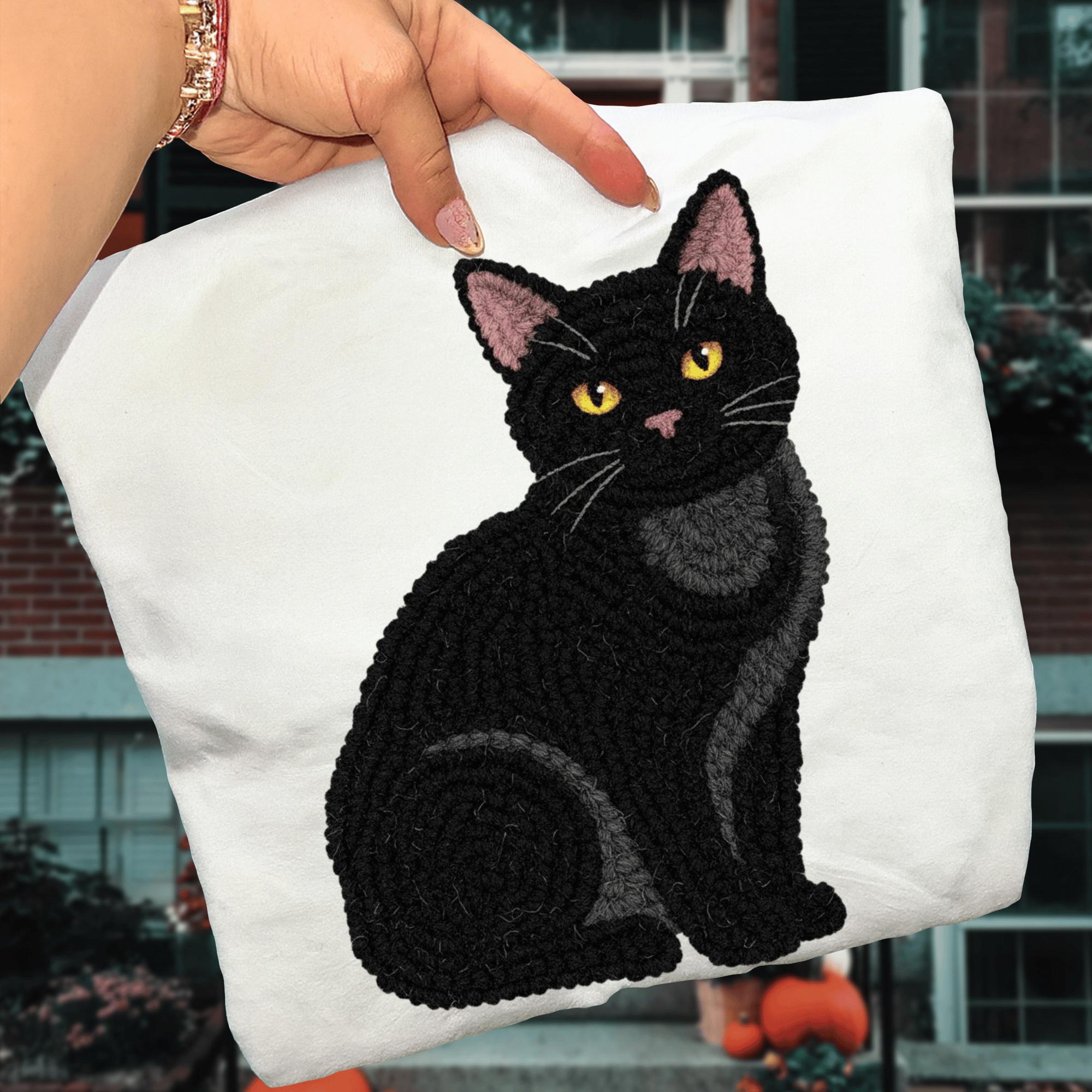 Latch Hook Black Cat PNG, Faux Yarn Chenille Rug Texture Halloween