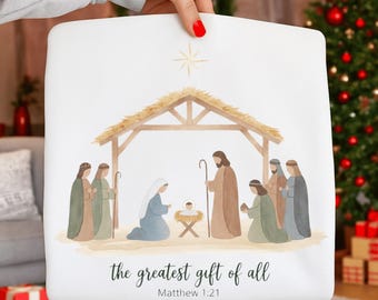 The Greatest Gift of All PNG, Nativity Scene PNG, Minimalist Manger Christian Christmas Design, Matthew 1:21 Bible Verse Sublimation