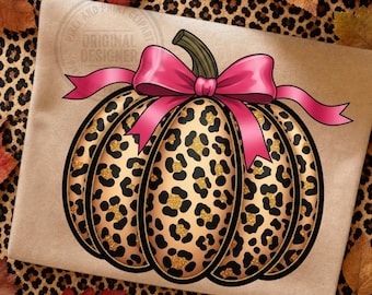 Kürbis mit Leopardenmuster (PNG), pinke Schleife, kokettes Halloween-Design (Digitaler Download)