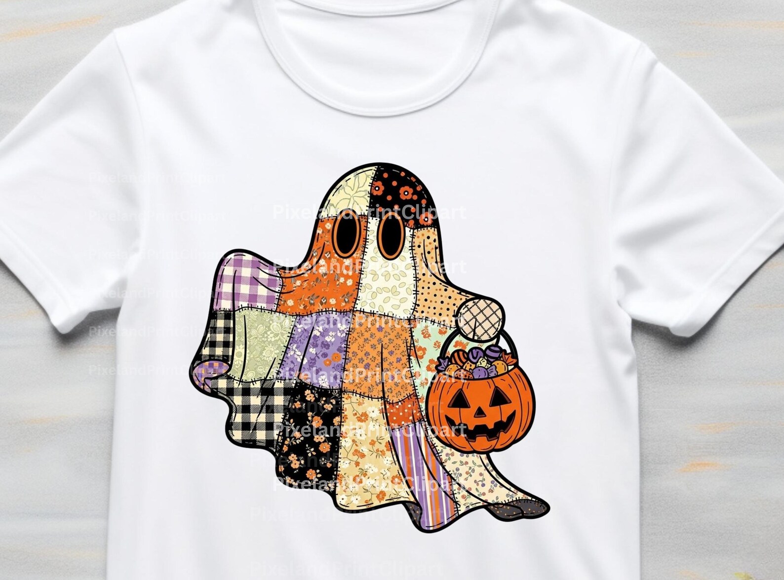 Patchwork Ghost Pattern Patchwork Ghost With Candy Bucket PNG, Retro Quilted Halloween Ghost ...