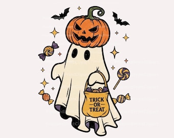 Fantasma con cabeza de calabaza retro PNG, imágenes prediseñadas de Halloween (descarga digital)