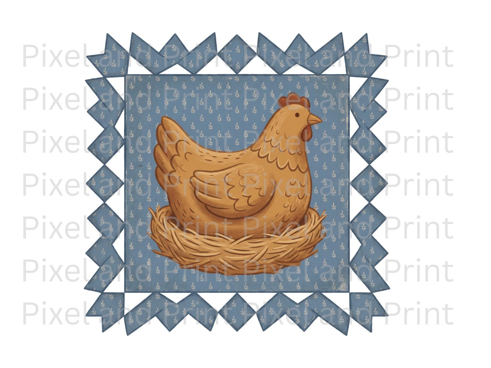 Thrifted Hen in Nest PNG, Vintage Quilt Folk Art Chicken Clipart ...