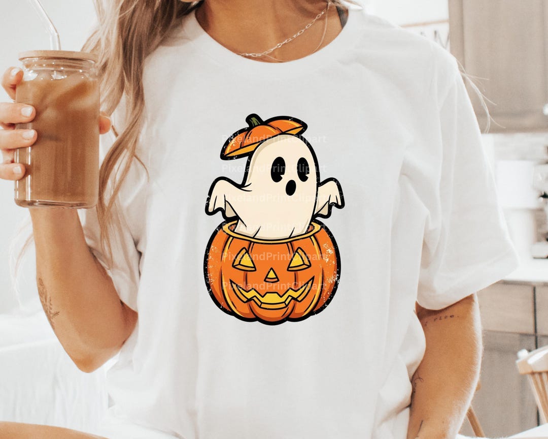 Retro Ghost Peeking Out of Pumpkin PNG, Cute Halloween Ghost Clipart ...