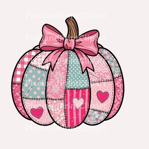 May include: A decorative pumpkin illustration with a patchwork design in shades of pink, teal, and white. The pumpkin features a pink bow and a brown stem. Heart shapes are incorporated into the design, creating a festive fall theme.
