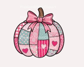 Coquette Patchwork Pumpkin PNG, Pink Quilted Pumpkin Clipart, Cute Girly Fall Pumpkin with Bow, Vintage Cottagecore Sublimation Design