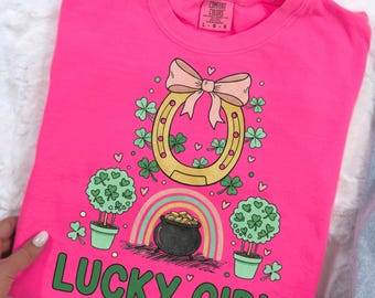 Lucky Girl St Patrick’s Day PNG, Whimsical Horseshoe with Shamrocks & Pot of Gold, Coquette Bow Doodle, Cute Irish Rainbow Sublimation