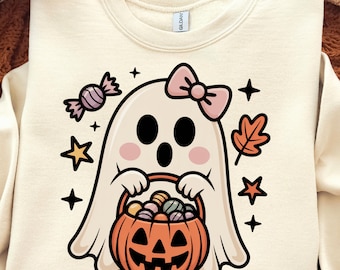 Cute Ghost with Candy Bucket PNG, Coquette Halloween Ghost Clipart with Bow, Retro Spooky Season Sublimation Design