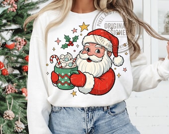 Retro-Weihnachtsmann-Kakaobecher (PNG), Vintage-Weihnachts-Shirt-Design, niedlicher weihnachtlicher Sublimations-Download, festliche Weihnachts-POD-DTF-Transferdatei