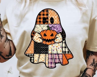 Quiltat lapptäcke-spöke med pumpa PNG, Halloween Clipart (digital nedladdning)