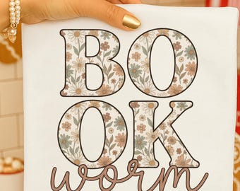 Boho Wildflower Bücherwurm PNG, Retro Floral Typografie Design, Jugendstil Buchliebhaber PNG, Neutral Ästhetische Lese Shirt Sublimation