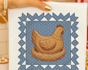 Thrifted Hen in Nest PNG, Vintage Quilt Folk Art Chicken Clipart, Cottagecore Farmhouse Sublimation, Grandma Style Digital Download