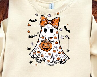 Fantasma con lazo para Halloween (PNG), diseño de sublimación de fantasma coqueto, clipart de fantasma femenino, cubo de dulces de Halloween (PNG)