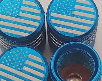 Sky Blue American Flag Aluminum Tire Valve Stem Caps, Set of 4