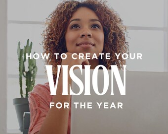 May include: Image features a woman with curly hair looking upward, with text overlay: "HOW TO CREATE YOUR VISION FOR THE YEAR." A laptop and a red apple are visible. The text also includes "MONA-LEE BELIZAIRE VISION COACH & STRATEGIST."