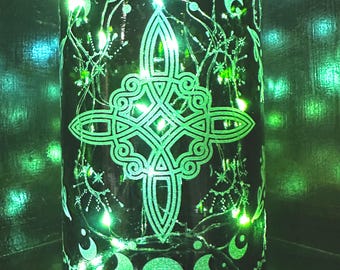 Witch's Knot Lighted Wine Bottle Light – Engraved Witches Knot Green Glass with Fairy Lights