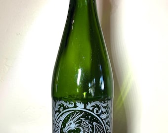 Dragon Engraved Green Glass Wine Bottle