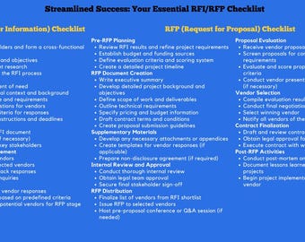 Op de afbeelding: Een blauwe checklist met de titel "Streamlined Success: Your Essential RFI/RFP Checklist". De checklist is verdeeld in twee secties: "RFI (Request for Information) Checklist" en "RFP (Request for Proposal) Checklist". Elke sectie somt een reeks stappen op die moeten worden gevolgd bij het voorbereiden van een informatieverzoek of een aanvraag om voorstellen.