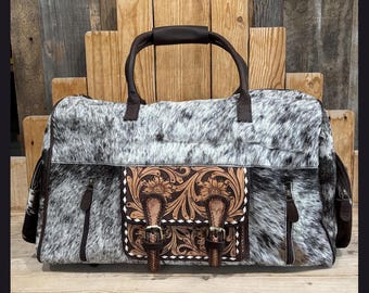 Ręcznie robiona torba podróżna ze skóry z domieszką włosia | Torba podróżna w stylu western | Torba weekendowa z krowiej skóry w stylu vintage | Rustykalna skórzana torba sportowa