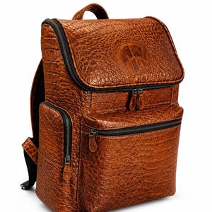 Brown Crocodile Embossed Leather Backpack | Genuine Travel Laptop Bag