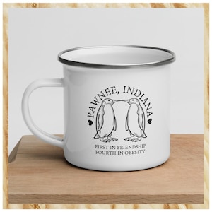 Parks and Recreation Inspired Enamel Mug, Pawnee Indiana Town Council, Gay Penguins LGBTQIA+ Pride, Minimalist Aesthetic Americana Drinkware