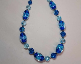Blue Iridescent Glass Crystal and Blown Glass Bead Necklace