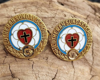 Lutheran Sunday School Attendance PINS  5 & 7 years. 10k Gold filled