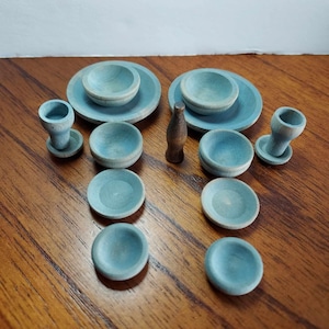 15 piece Miniature Wood Dollhouse Dishes. Blue, Barbie or smaller size