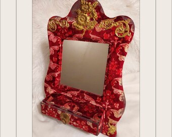 Edwardian Shaving Mirror with drawer.  Red velvet, convertible VANITY for travel & home