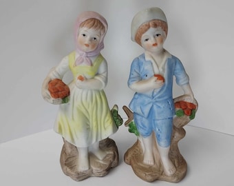 Bisque Boy and Girl Figurines with fruit