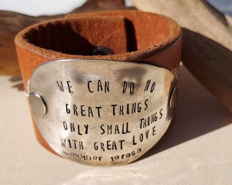Silver and leather BOHO Cuff Bracelet w/ Mother T Quote.