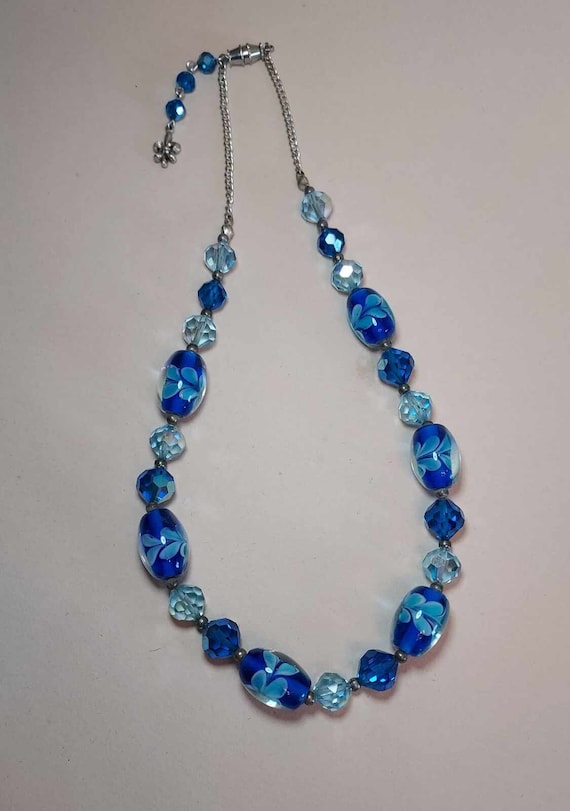 Blue Iridescent Glass Crystal and Blown Glass Bead Necklace