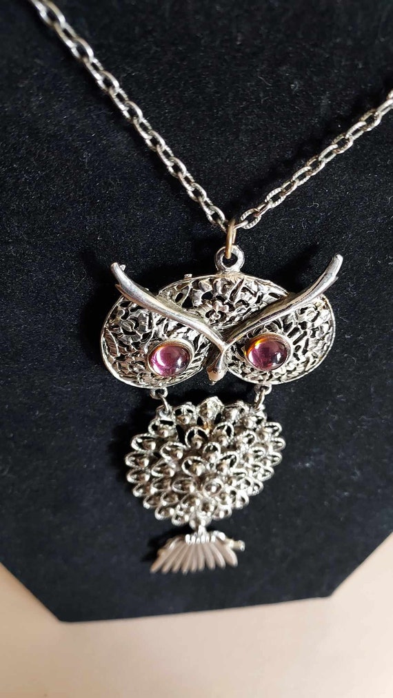 Large Vintage OWL Necklace with Violet Eyes - image 5