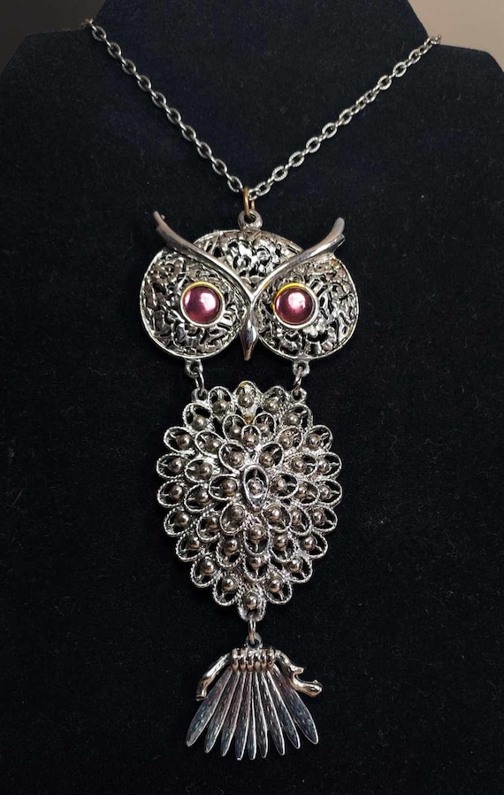 Large Vintage OWL Necklace with Violet Eyes - image 1