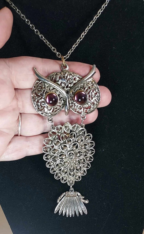 Large Vintage OWL Necklace with Violet Eyes - image 4