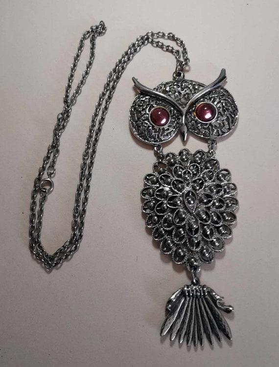 Large Vintage OWL Necklace with Violet Eyes - image 2