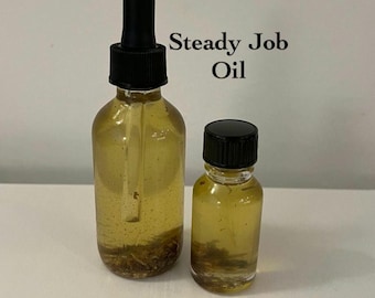 May include: Two glass bottles of Steady Job Oil. The larger bottle has a black dropper, and the smaller bottle has a black cap. Both bottles contain a yellow liquid with sediment at the bottom. The text "Steady Job Oil" is printed on the image.